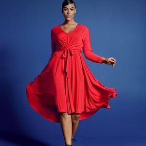 Isabel Toledo X Lane Bryant Red Fit & Flare Hi-Low Dress. V Neck Ruched Waist 28